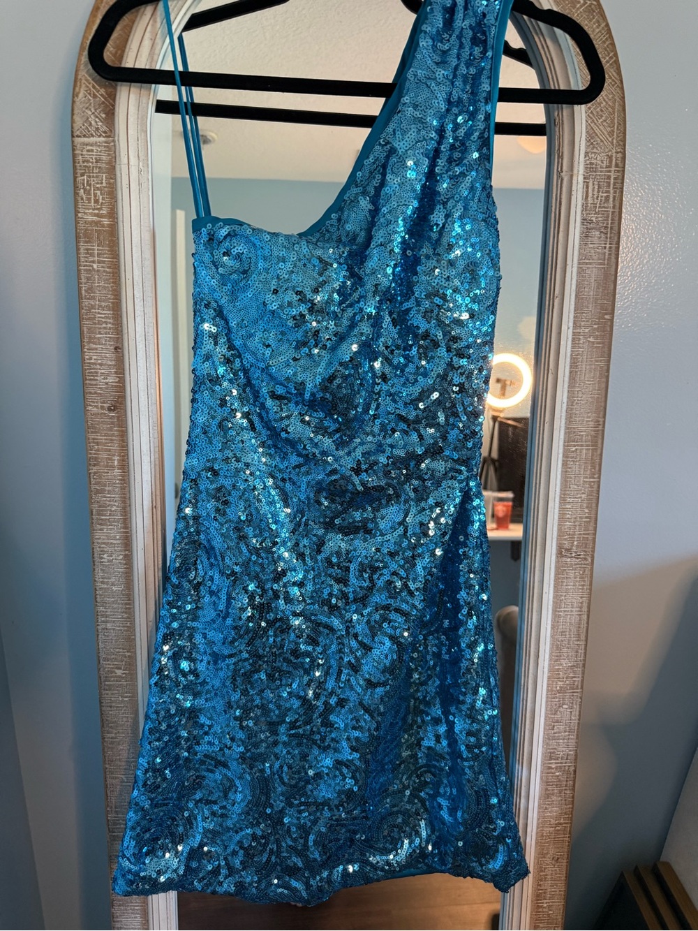 One-Shoulder Sequin Mini Dress in Teal